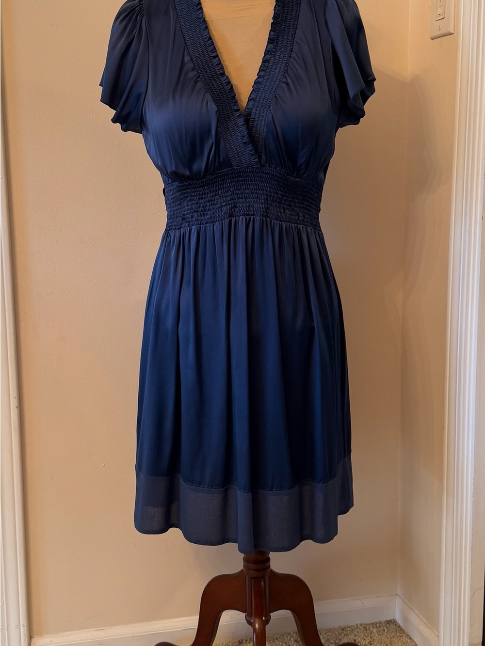 BCBGMaxAzria Navy V-Neck Smocked Waist Short Dress